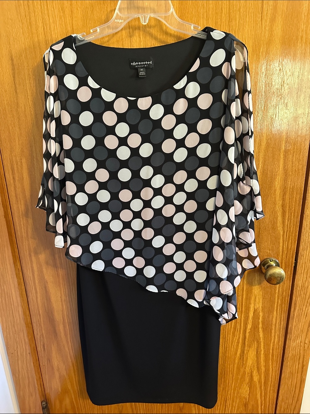 connected apparel Black Dress with Blush and White Polka Dot Overlay